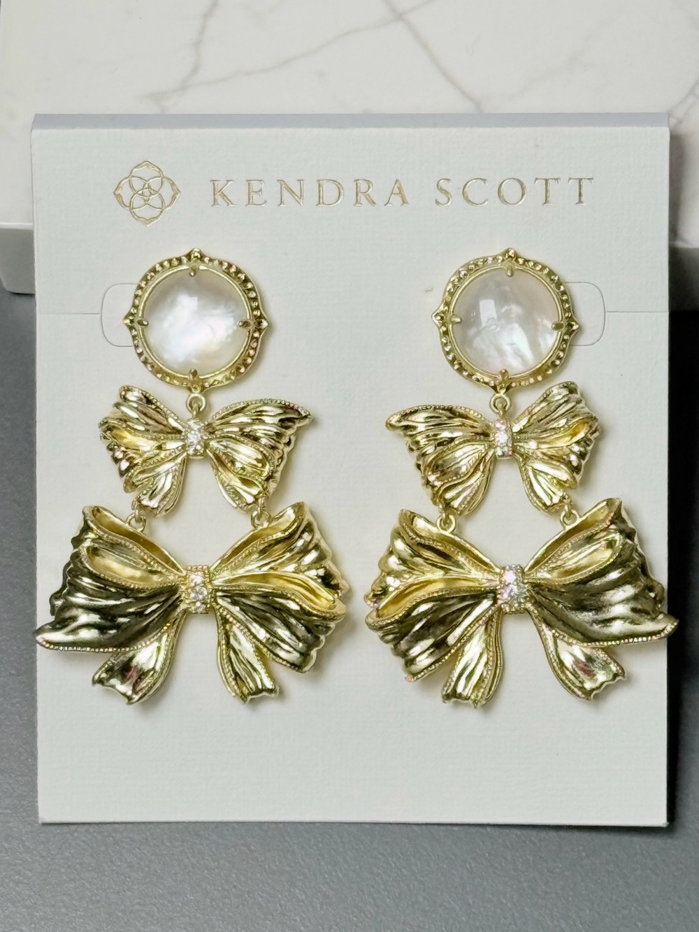 Kendra Scott LSF Gold Bow Statement Earrings in Ivory MOP